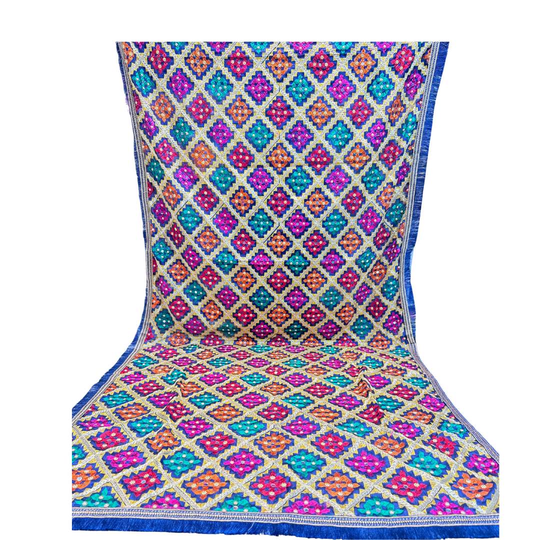Beautiful Navy Blue With Multi Color Thread Embroidery Beads And Stone Work Phulkari Dupatta
