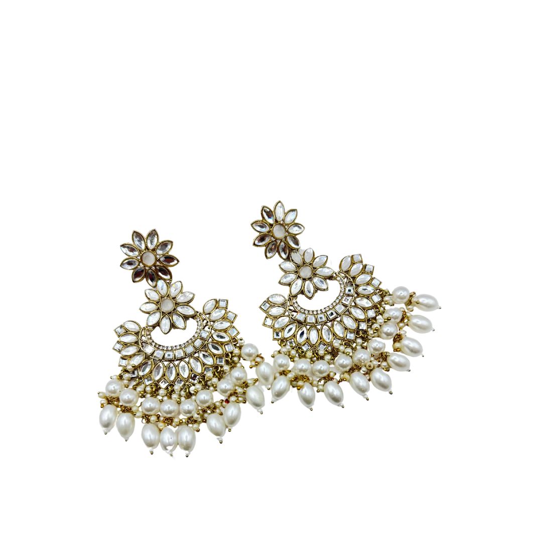 BEAUTIFUL OFF WHITE COLOR KUNDAN MIRROR AND PEARL WORK EARRINGS