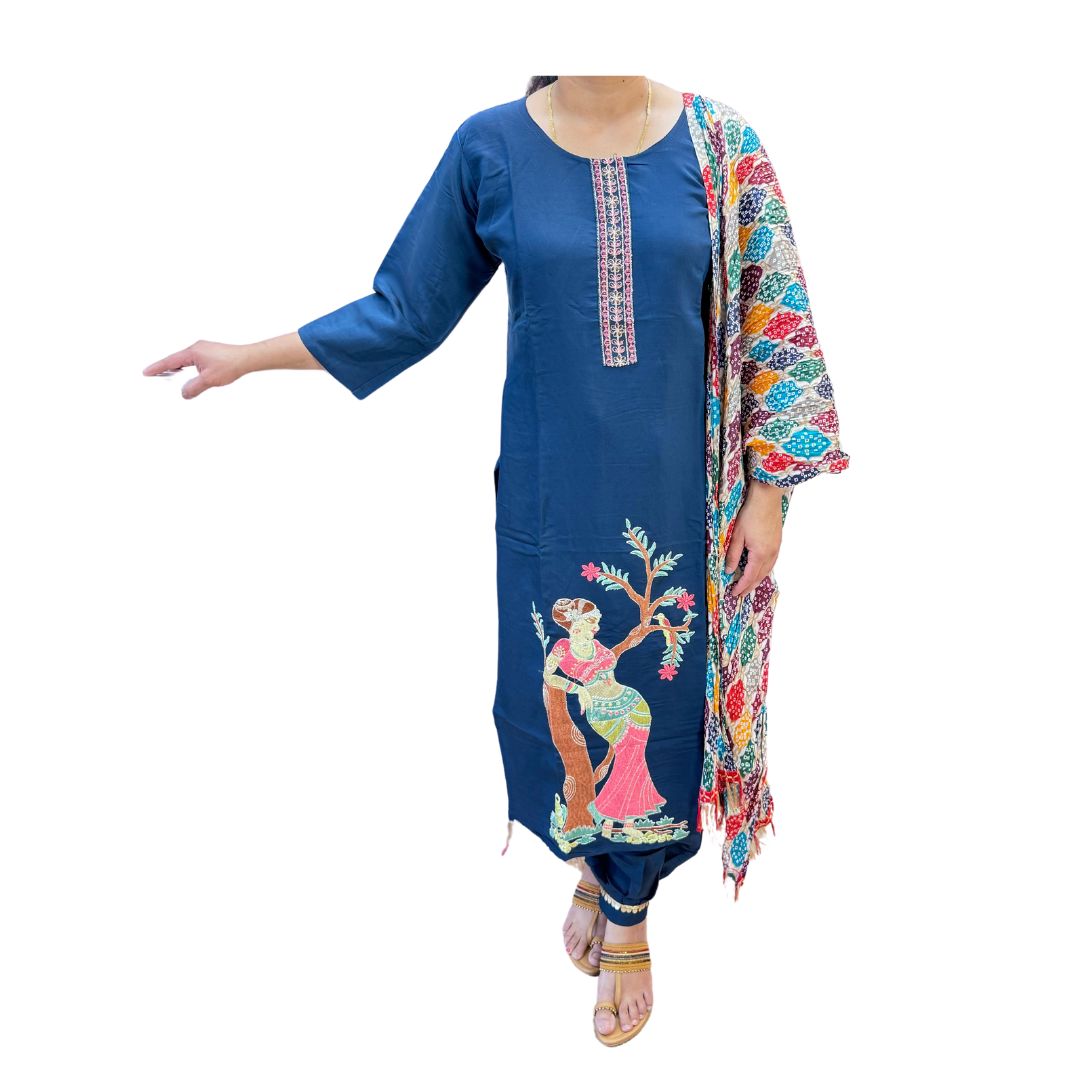 (Sold) Beautiful Navy Blue Color Embroidery Work At Kurti Comes With Afghani Salwar And Bandhej Printed Dupatta