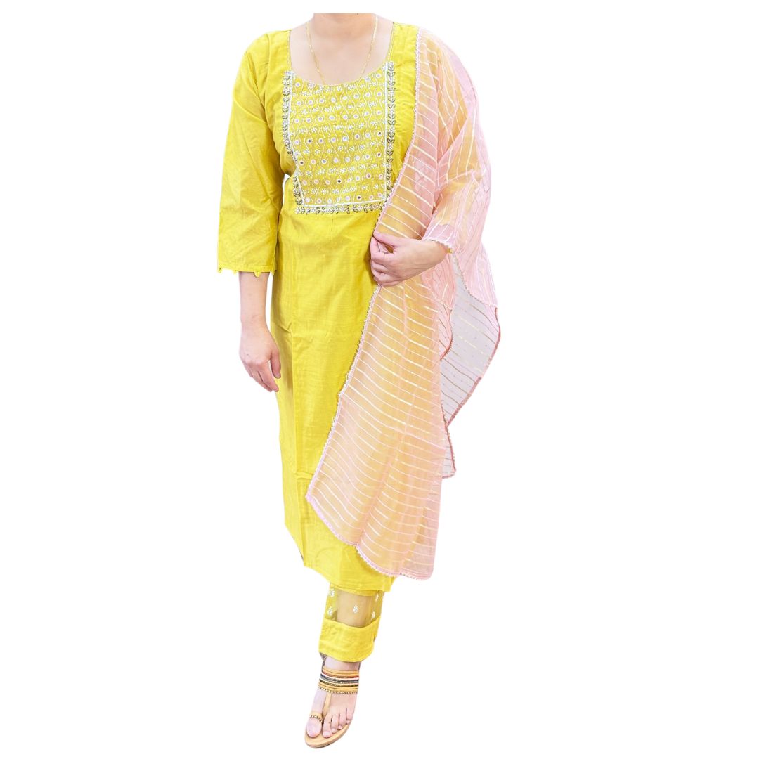 (Sold)Beautiful Cotton Silk Fabric Mustard Color with Embroidery and Mirror Work Kurti With Designer Pant Comes With Contrast Organza Lace Work Dupatta