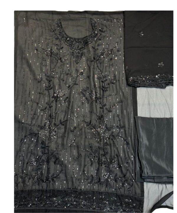 Black Color 3 Piece Designer Suit Georgette Fabric Heavy Cut Dana Beads And Sequence Work All Over Shirt And Over Dupatta