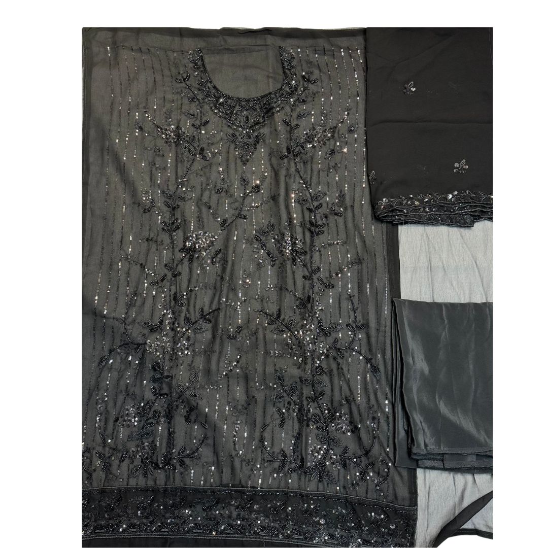 Black Color 3 Piece Designer Suit Georgette Fabric Heavy Cut Dana Beads And Sequence Work All Over Shirt And Over Dupatta