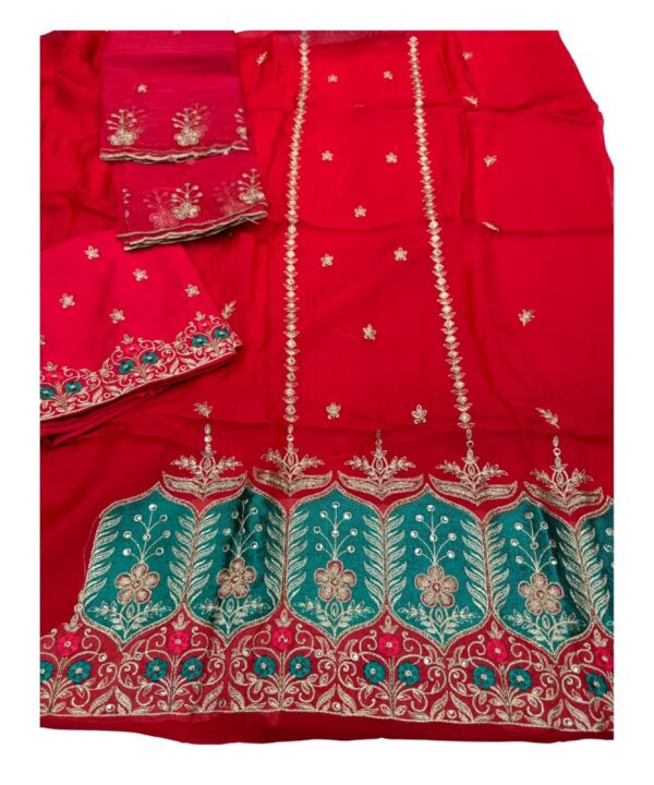 Beautiful Red Color Heavy Dabka Embroidery And Patch Work On Shirt And Comes With Heavy Bottom And Soft Organza Embroidery Work Dupatta