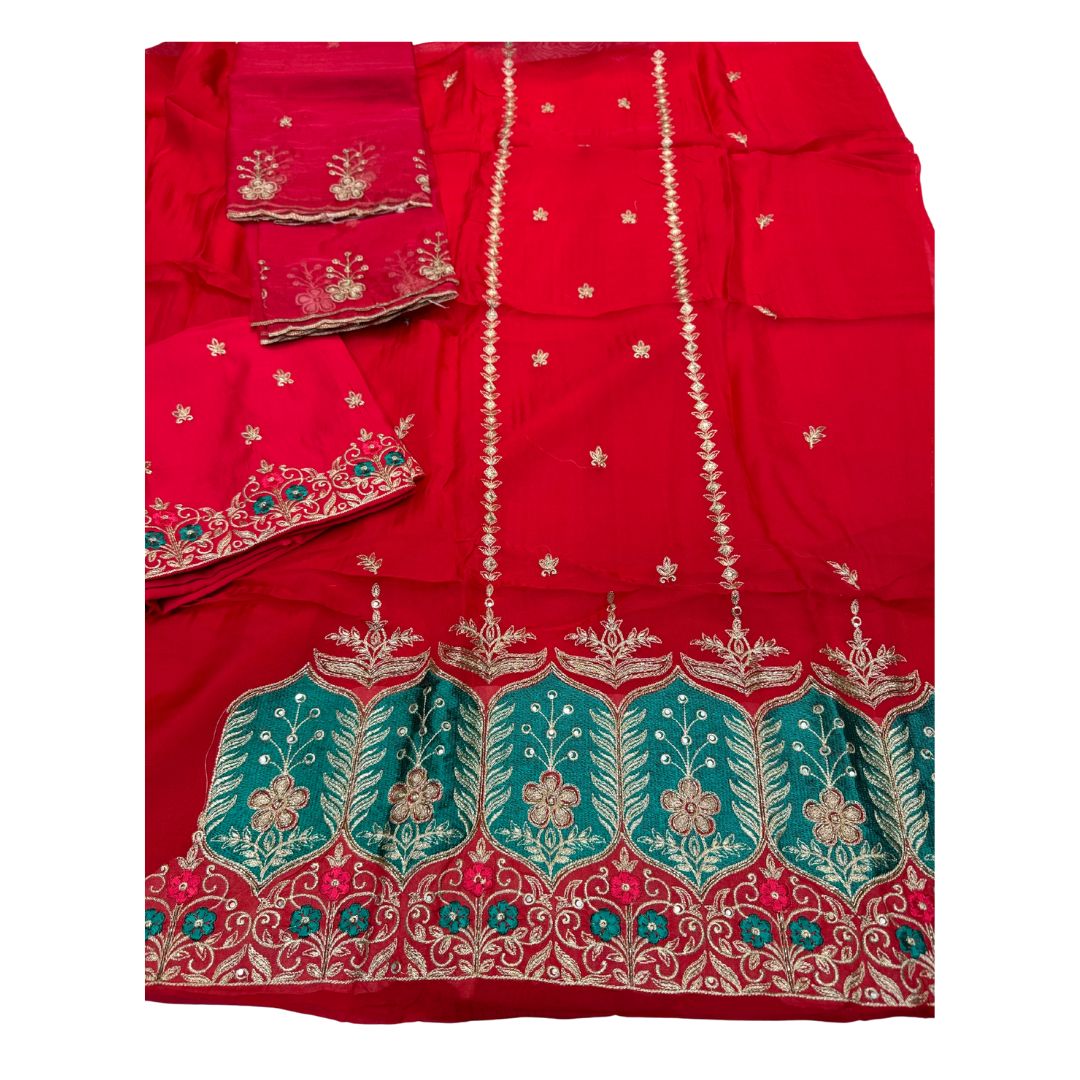 Beautiful Red Color Heavy Dabka Embroidery And Patch Work On Shirt And Comes With Heavy Bottom And Soft Organza Embroidery Work Dupatta