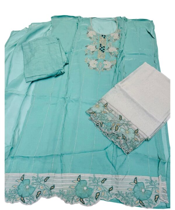 Beautiful Unstitched Light Green Color Shirt With Embroidery And Cut Work On Shirt Comes With Dupatta Contrast with Embroidery And Cut Work