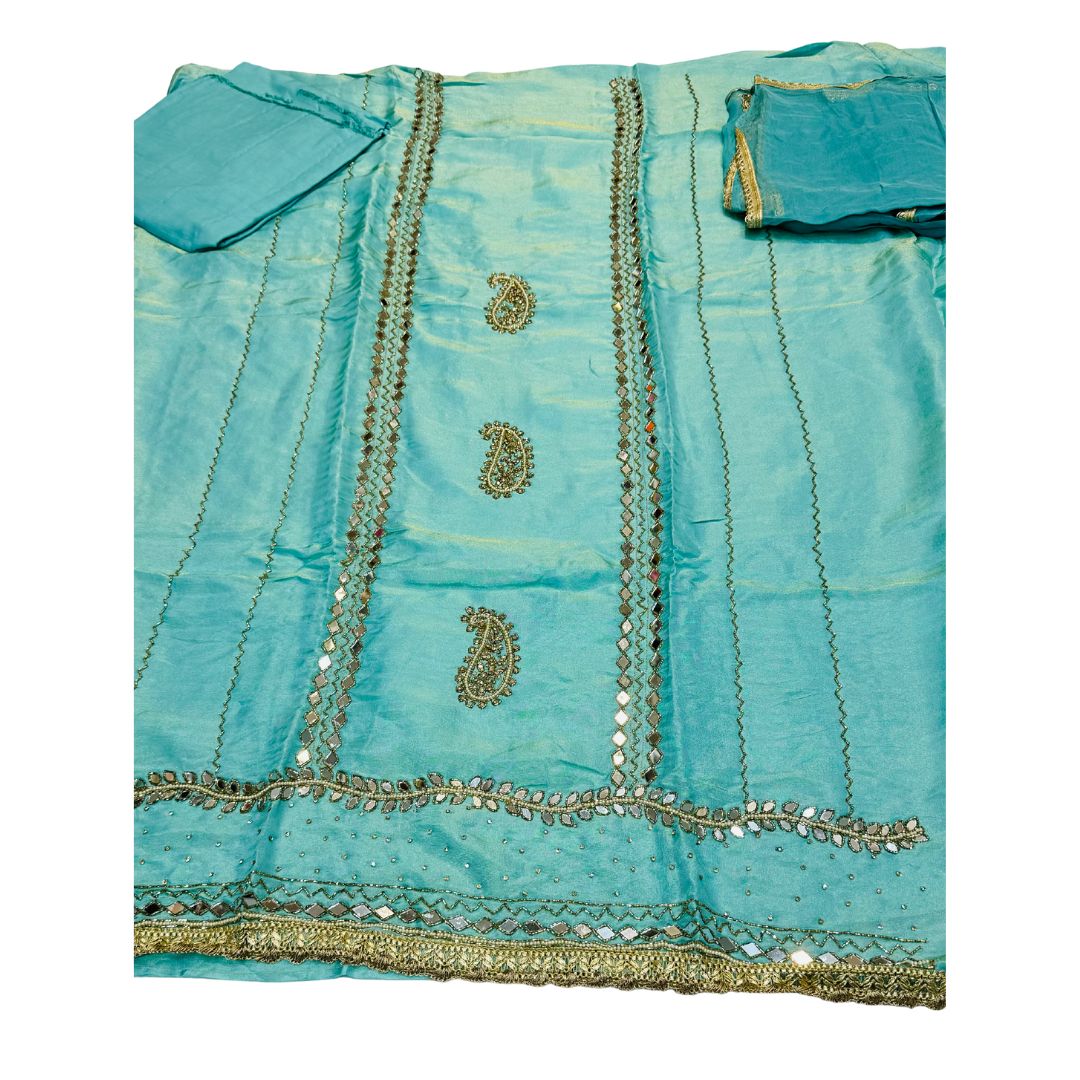Beautiful Shimmer Silk Fabric Teal Color Comes With Embroidery Mirror, Nalki And Pearl Work Comes With Matching Dupatta Four Side Lace Work