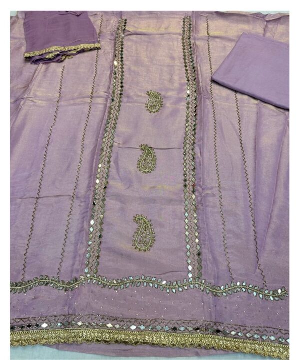 Beautiful Shimmer Silk Fabric Lavender Color Comes With Embroidery Mirror, Nalki And Pearl Work Comes With Matching Dupatta Four Side Lace Work