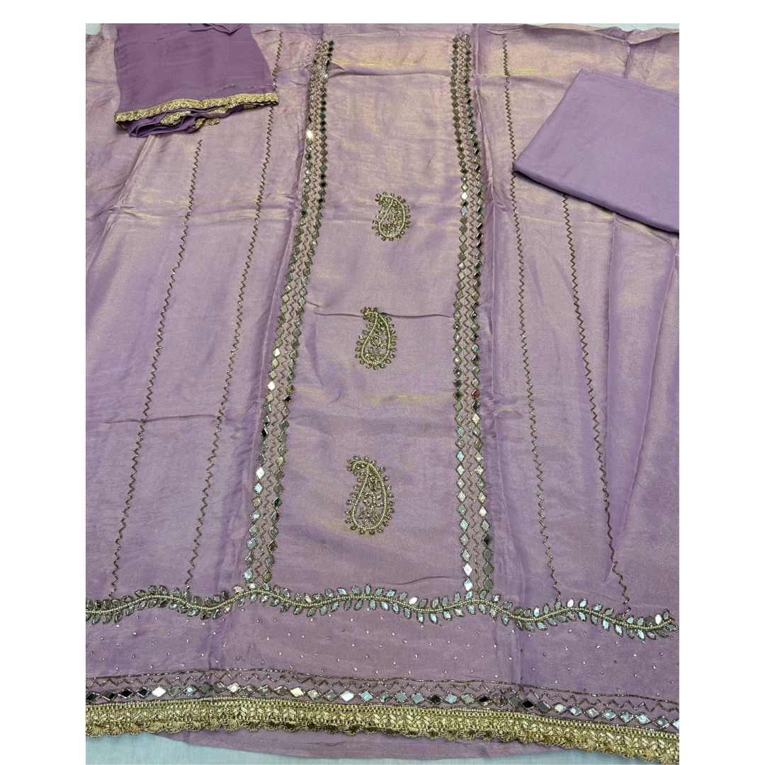 Beautiful Shimmer Silk Fabric Lavender Color Comes With Embroidery Mirror, Nalki And Pearl Work Comes With Matching Dupatta Four Side Lace Work