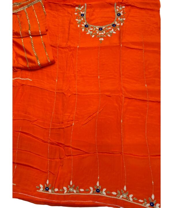 Beautiful Orange Color Pure Crape Fabric Dabka Embroidery Zarkan Work Comes With Four Side Lace Work All over Dupatta.