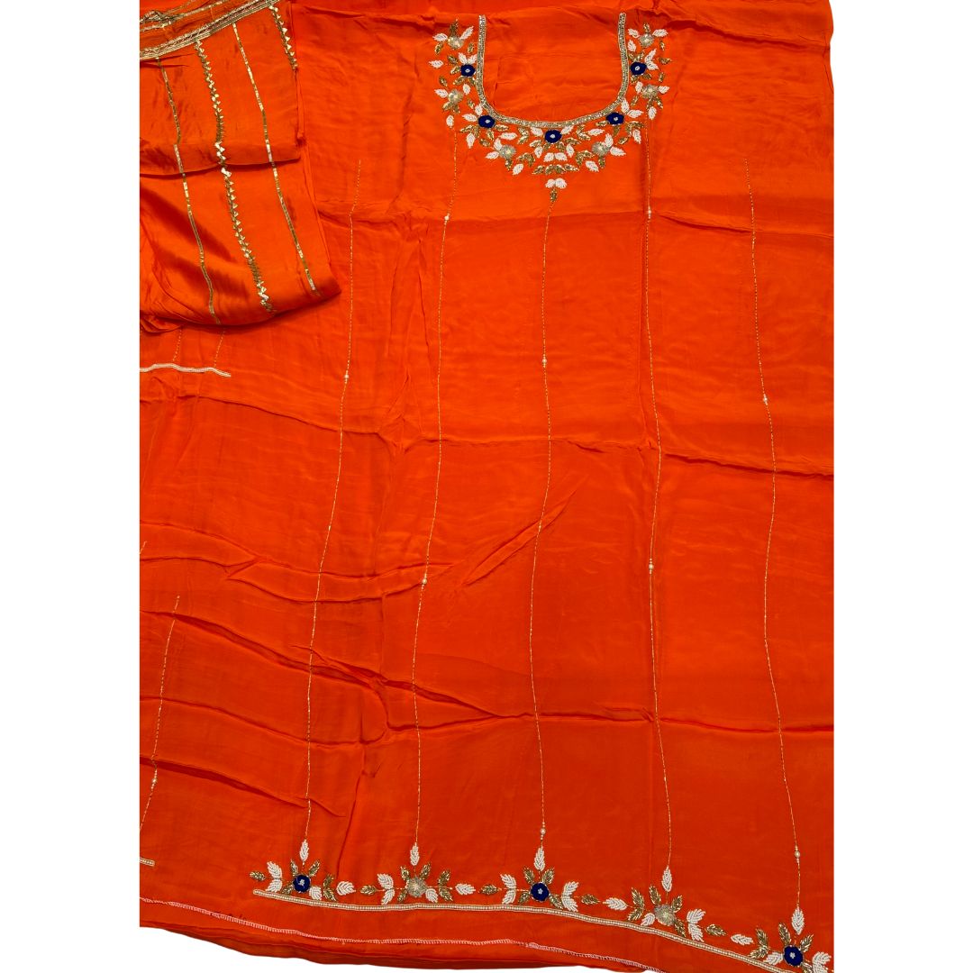 Beautiful Orange Color Pure Crape Fabric Dabka Embroidery Zarkan Work Comes With Four Side Lace Work All over Dupatta.