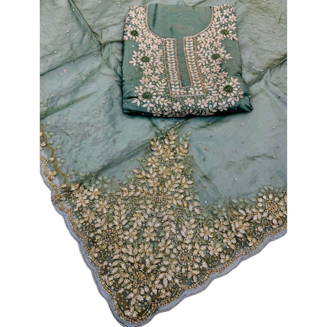 Designer Suit Pure Silk Based Heavy Embroidery Thread And Nalki Work On Shirt Comes With Heavy Embroidery Work On Organza Dupatta