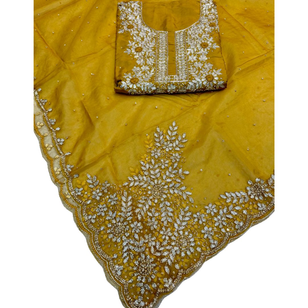 (Sold) Designer Suit Pure Silk Based Heavy Embroidery Thread And Nalki Work On Shirt Comes With Heavy Embroidery Work On Organza Dupatta