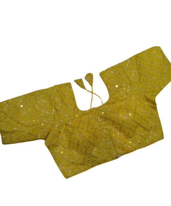 Beautiful Embroidery With Golden Thread And Mirror Yellow Color Blouse.