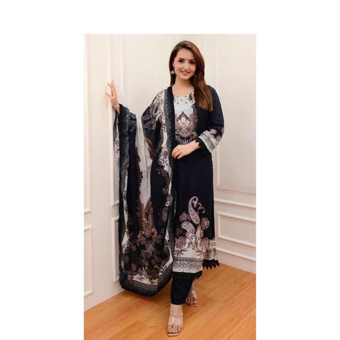 BEAUTIFUL BLACK COLOR COTTON SILK  FABRIC PAKISTANI STYLE 3 PIECE KURTI SET