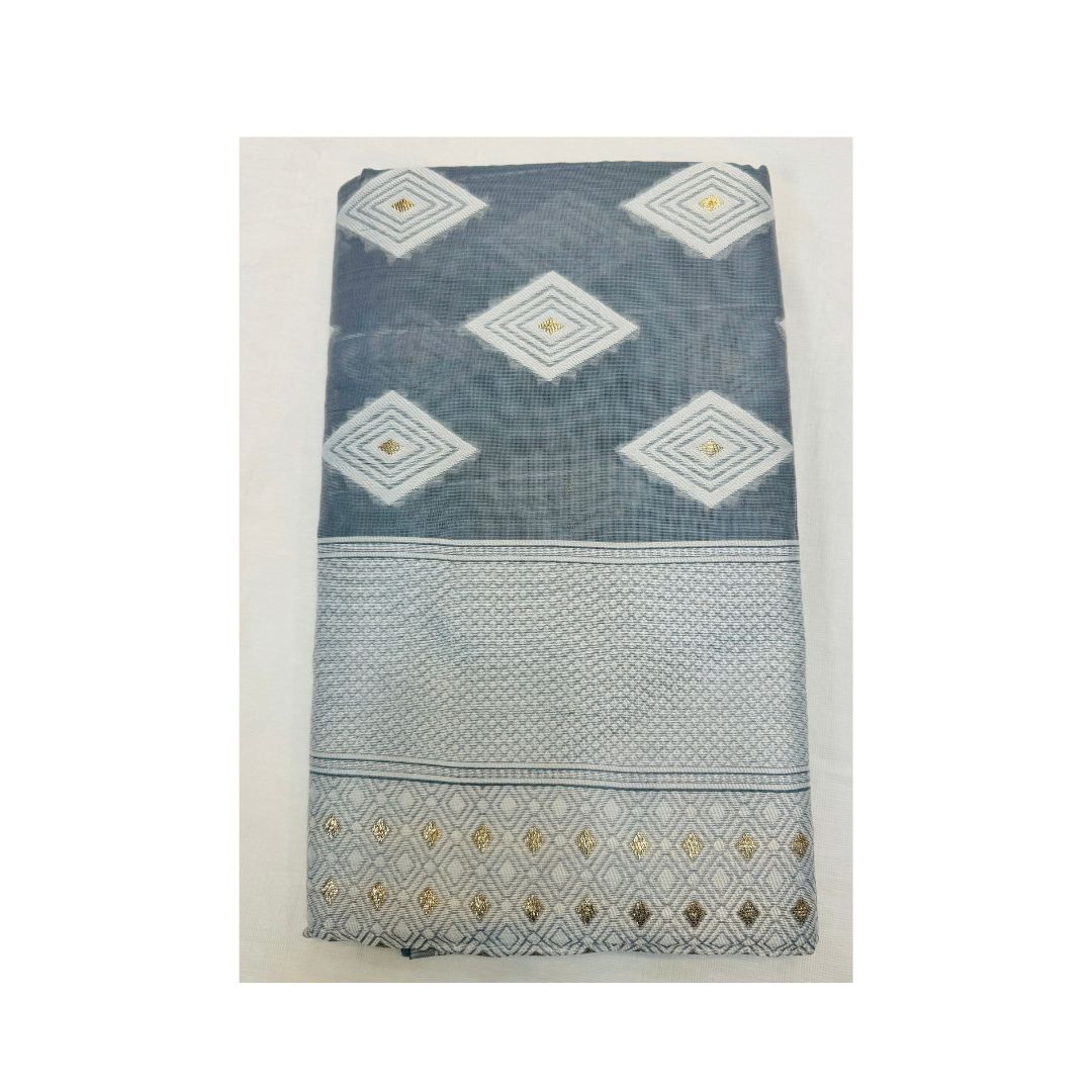Beautiful Grey Cotton Silk Saree With Unstitched Blouse Attached