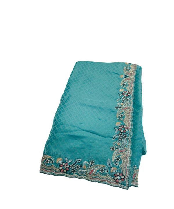 Beautiful Rangoli Silk sarees Blue Color With Embroidery And Zarkan Work Comes With Unstitched Contrast Blouse