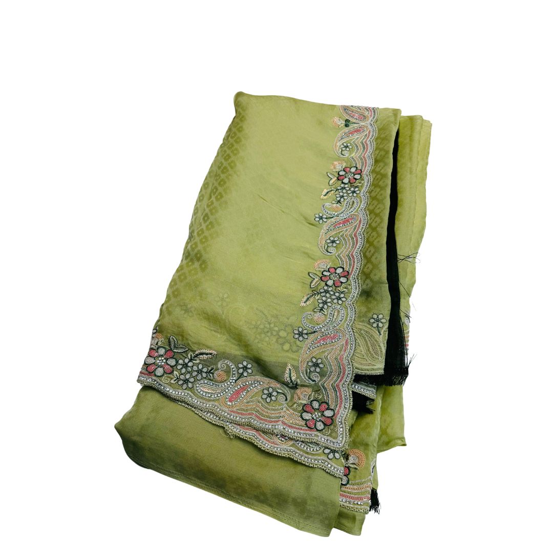 Beautiful Rangoli Silk sarees Mehendi (Green)  Color With Embroidery And Zarkan Work Comes With Unstitched Contrast Blouse