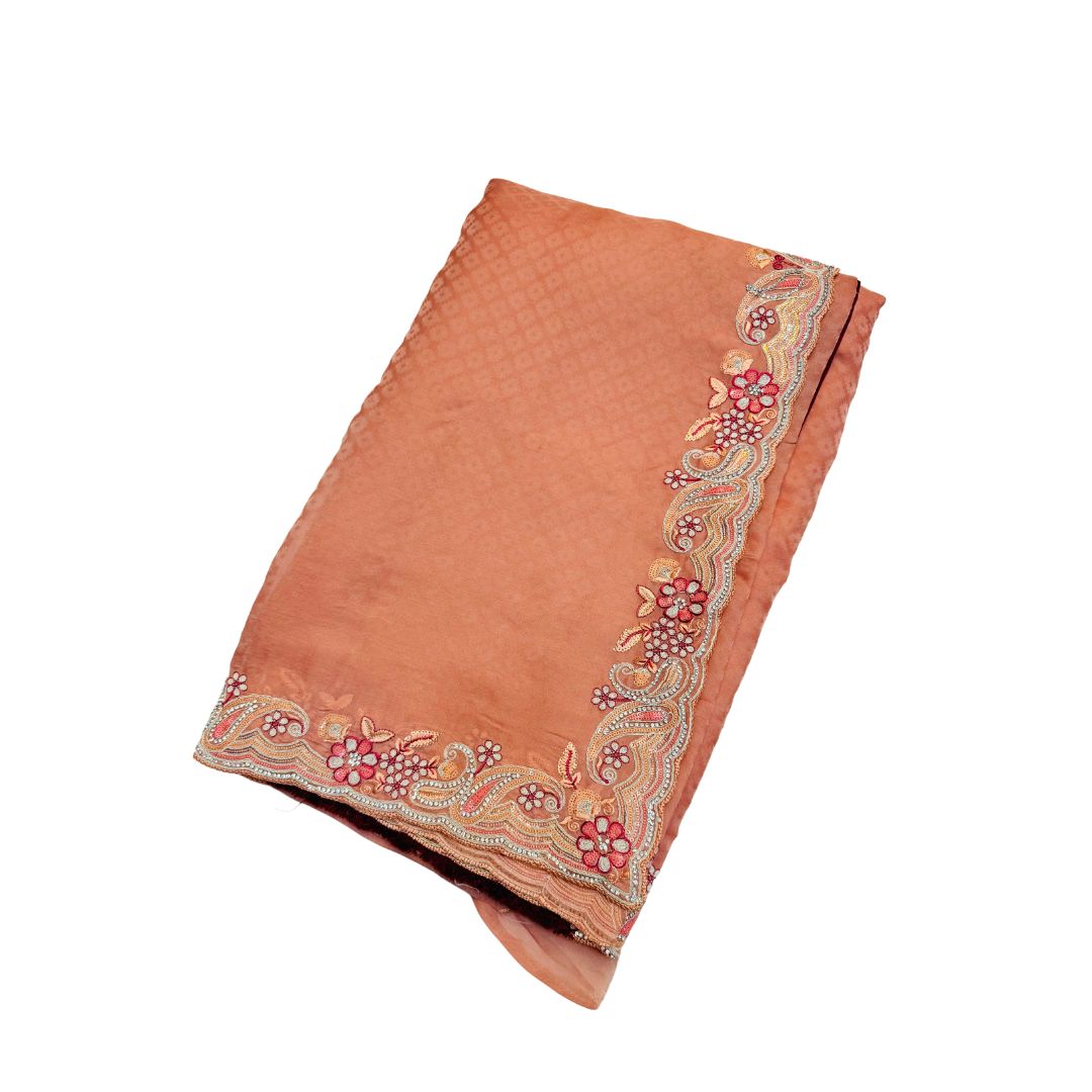 (Sold) Beautiful Rangoli Silk sarees Peach Color With Embroidery And Zarkan Work Comes With Unstitched Contrast Blouse
