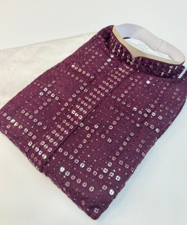 Designer Pure Rayon Fabric Heavy Embroidery And Sequence Work On Shirt Comes With White Color Pajama.