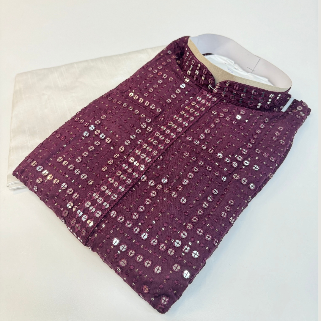 Designer Pure Rayon Fabric Heavy Embroidery And Sequence Work On Shirt Comes With White Color Pajama.