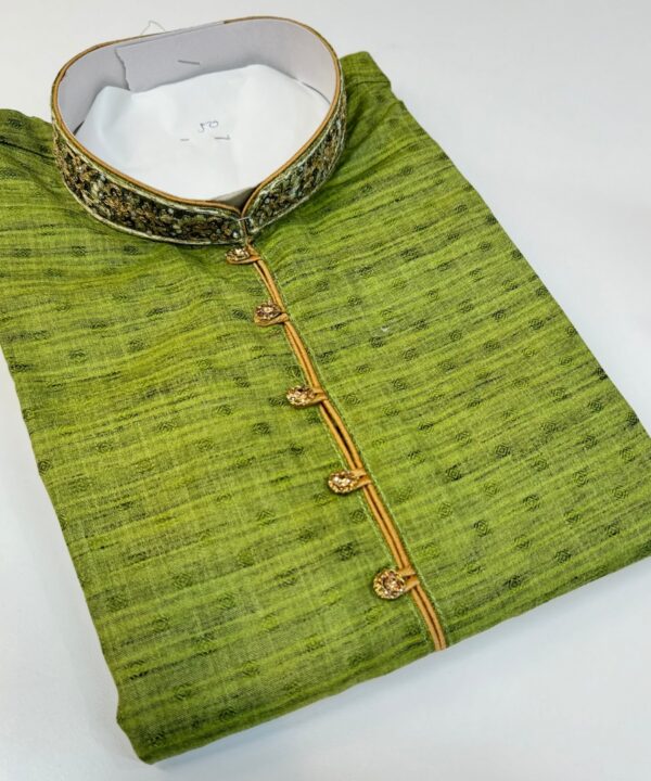 Designer Kurta Soft Silk Fabric Green (Mehendi) With Neck Work And Stone Work Button Comes With Golden Color Pajama.