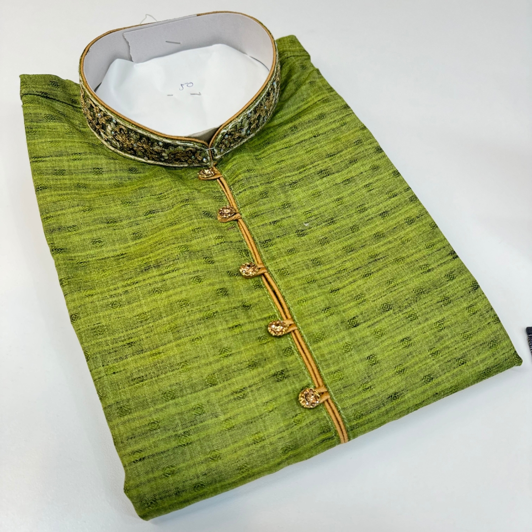 Designer Kurta Soft Silk Fabric Green (Mehendi) With Neck Work And Stone Work Button Comes With Golden Color Pajama.