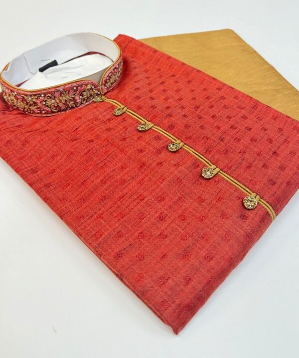 Designer Kurta Soft Silk Fabric Maroon Color With Neck Work And Stone Work Button Comes With Golden Color Pajama.