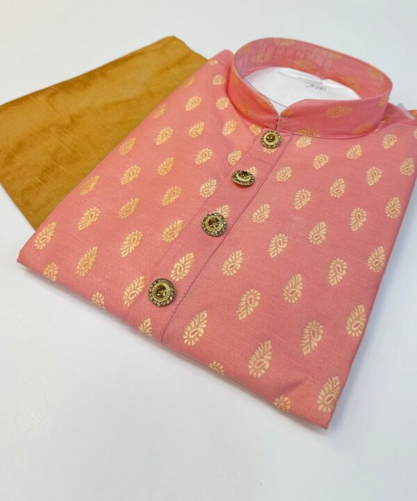 Designer Kurta Soft Silk Brocade Fabric Peach Color Comes With Golden Color Pajama
