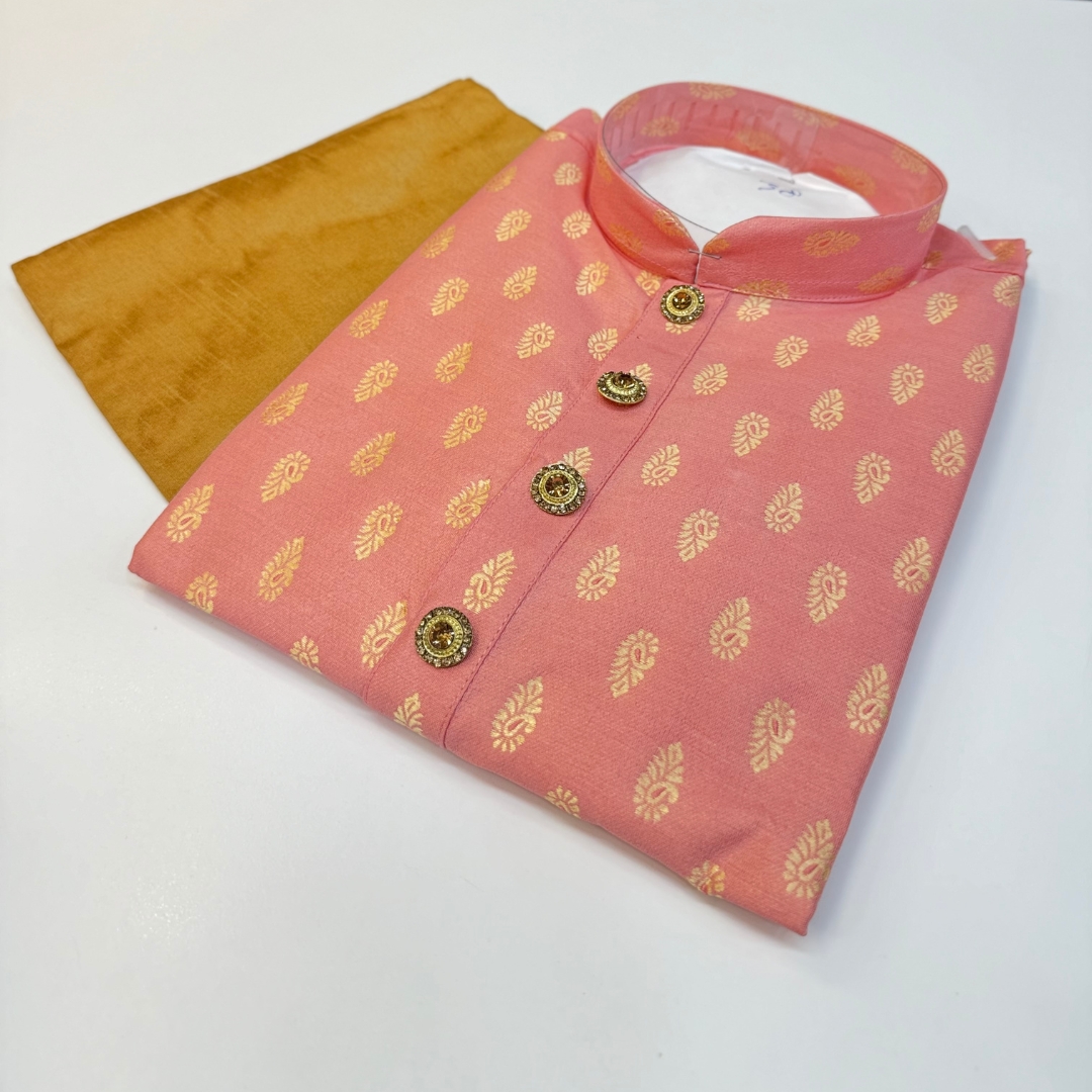 Designer Kurta Soft Silk Brocade Fabric Peach Color Comes With Golden Color Pajama