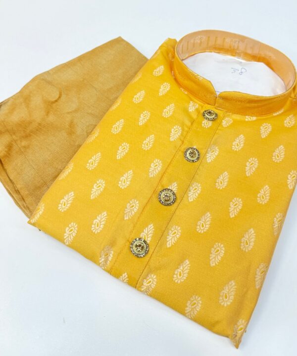 Designer Kurta Soft Silk Brocade Fabric Mustard (Haldi) Color Comes With Golden Color Pajama
