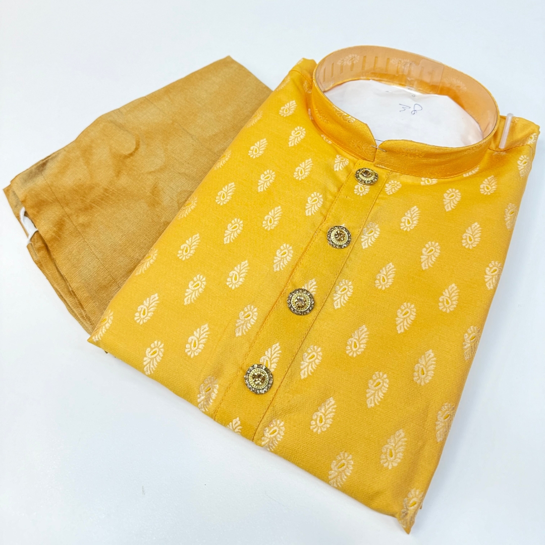 Designer Kurta Soft Silk Brocade Fabric Mustard (Haldi) Color Comes With Golden Color Pajama