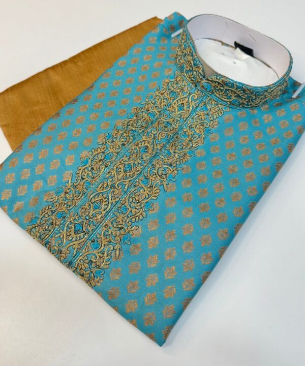 Designer Blue Color Kurta Cotton Malmal Fabric Embroidery Work On Neck Comes With Golden Color Pajama.