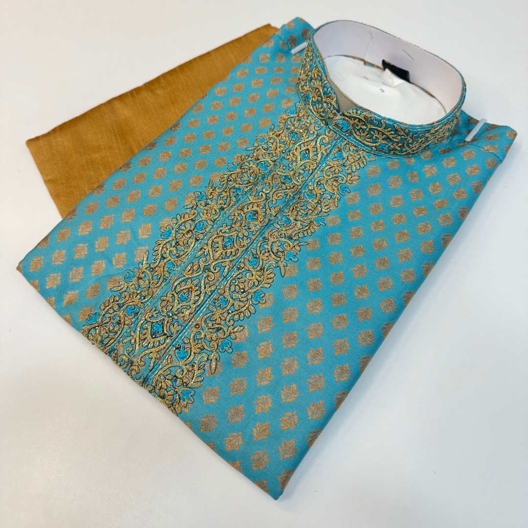 Designer Blue Color Kurta Cotton Malmal Fabric Embroidery Work On Neck Comes With Golden Color Pajama.