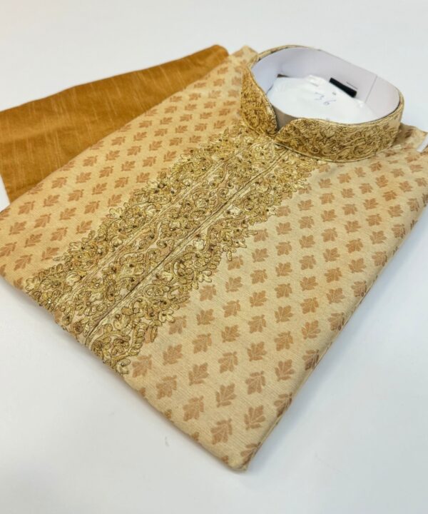Designer Off Cream Color Kurta Cotton Malmal Fabric Embroidery Work On Neck Comes With Golden Color Pajama.