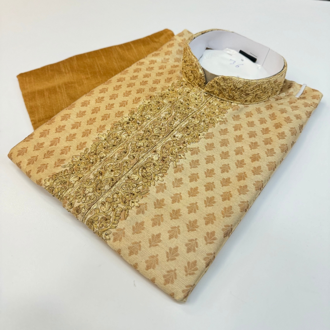 Designer Off Cream Color Kurta Cotton Malmal Fabric Embroidery Work On Neck Comes With Golden Color Pajama.