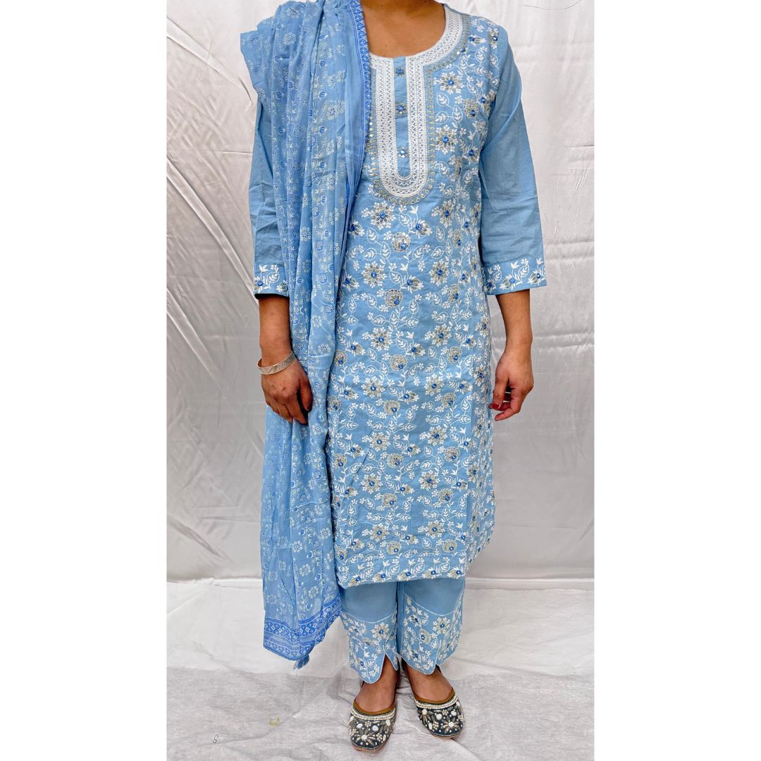 PURE COTTON LIGHT BLUE COLOR BEAUTIFUL NECK LINE CHIKANKARI, SEQUENCE AND MIRROR WORK ON KURTI AND PANT COMES WITH PRINT COTTON DUPATTA