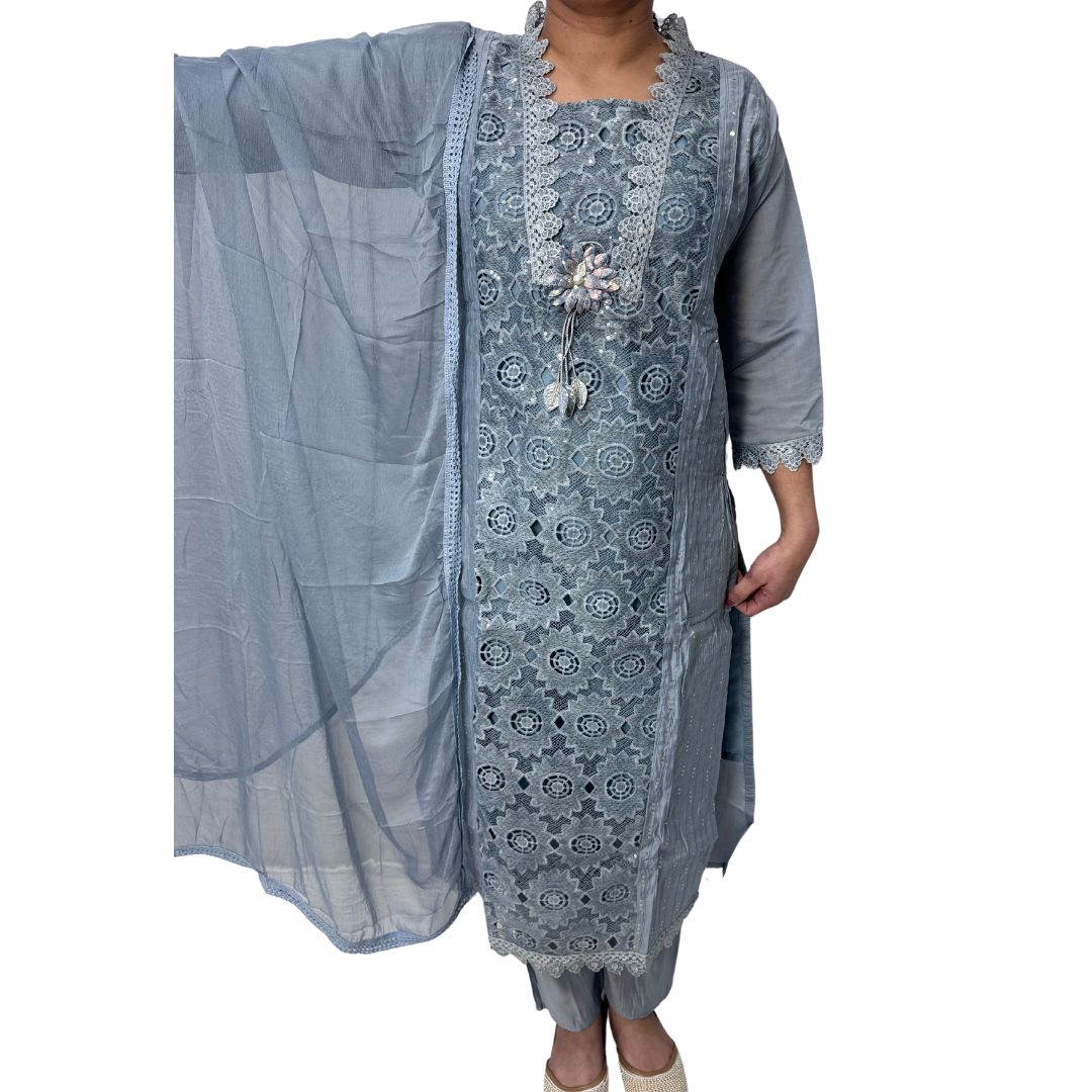 BEAUTIFUL GREY COLOR 3 PIECE KURTI SET COMES WITH FRONT EMBROIDERY AND LACE WORK WITH MATCHING PANT AND DUPATTA FOUR SIDE LACE WORK