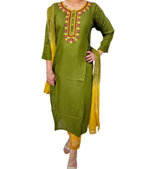 L Size 3 PIECE KURTI SET LEAF GREEN COLOR KURTI WITH CONTRAST MUSTARD COLOR PANT AND TWO TONE BEAUTIFUL DUPATTA WITH FOUR SIDE LACE WORK