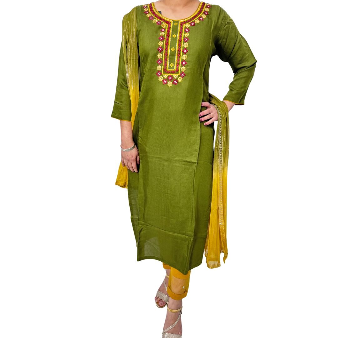 L Size 3 PIECE KURTI SET LEAF GREEN COLOR KURTI WITH CONTRAST MUSTARD COLOR PANT AND TWO TONE BEAUTIFUL DUPATTA WITH FOUR SIDE LACE WORK