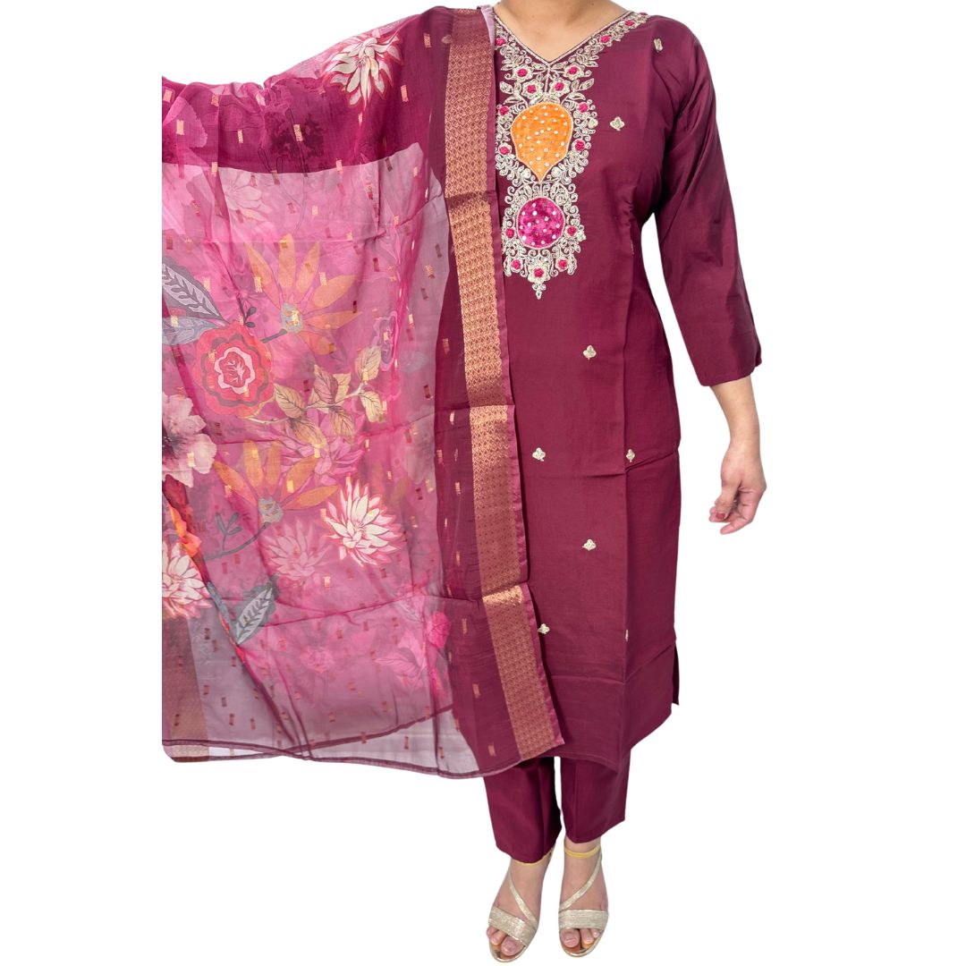 DARK MARRON COLOR 3 PIECE KURTI SET WITH PRINTED DUPATTA