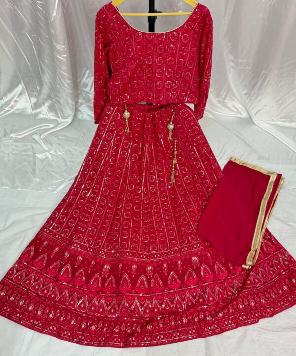 (Sold) Beautiful Georgette Fabric Heavy Embroidery And Sequence Work Lehenga Comes With Designer Blouse Matching Dupatta Four Side Lace Work