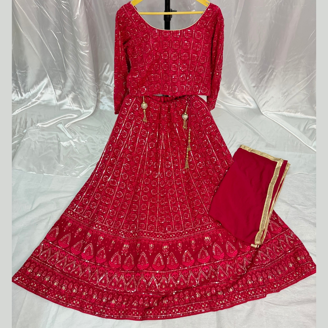 (Sold) Beautiful Georgette Fabric Heavy Embroidery And Sequence Work Lehenga Comes With Designer Blouse Matching Dupatta Four Side Lace Work
