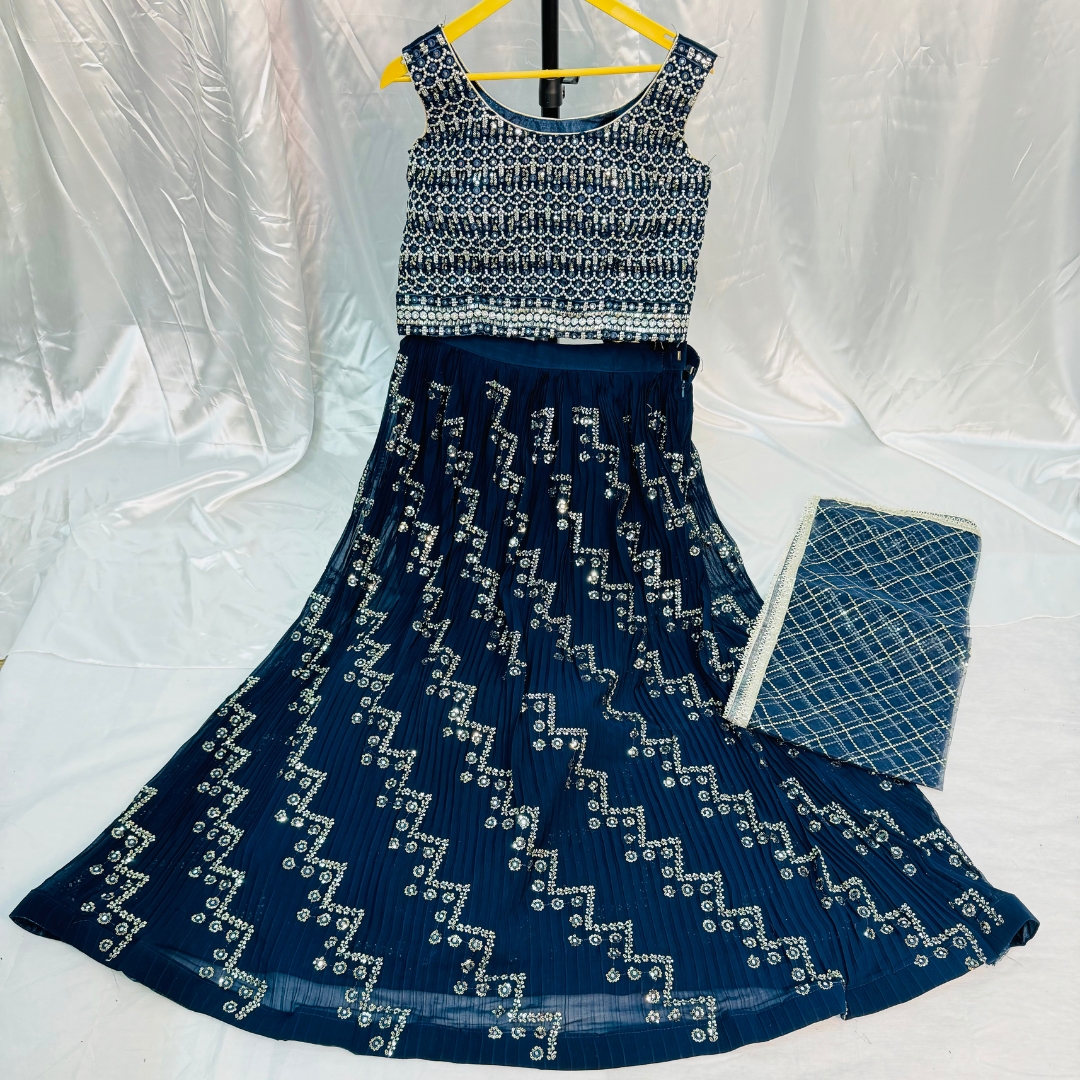 Beautiful Georgette Fabric Heavy Embroidery And Sequence Work All Over Lehenga And Designer Blouse With Net Sequence Dupatta.