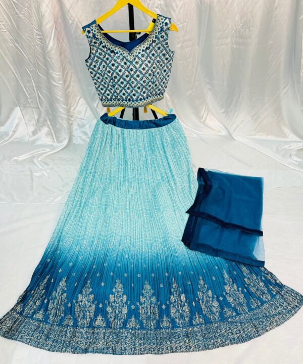(Sold) Beautiful Georgette Fabric Embroidery Work Designer Blouse With Heavy Ken Ken Two Tone Print Lehenga Comes With Net Dupatta Four Side Lace Work