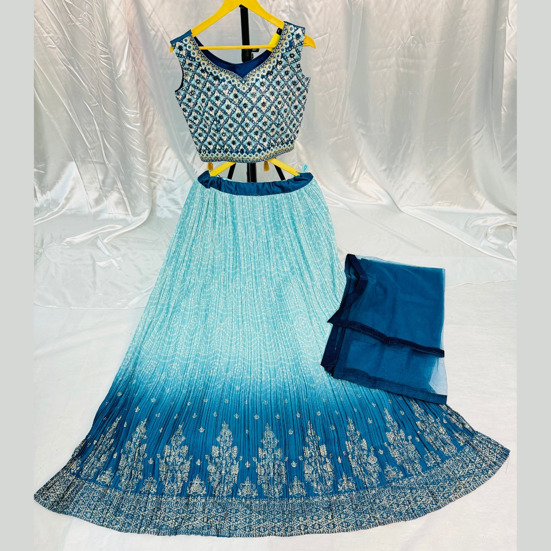 (Sold) Beautiful Georgette Fabric Embroidery Work Designer Blouse With Heavy Ken Ken Two Tone Print Lehenga Comes With Net Dupatta Four Side Lace Work