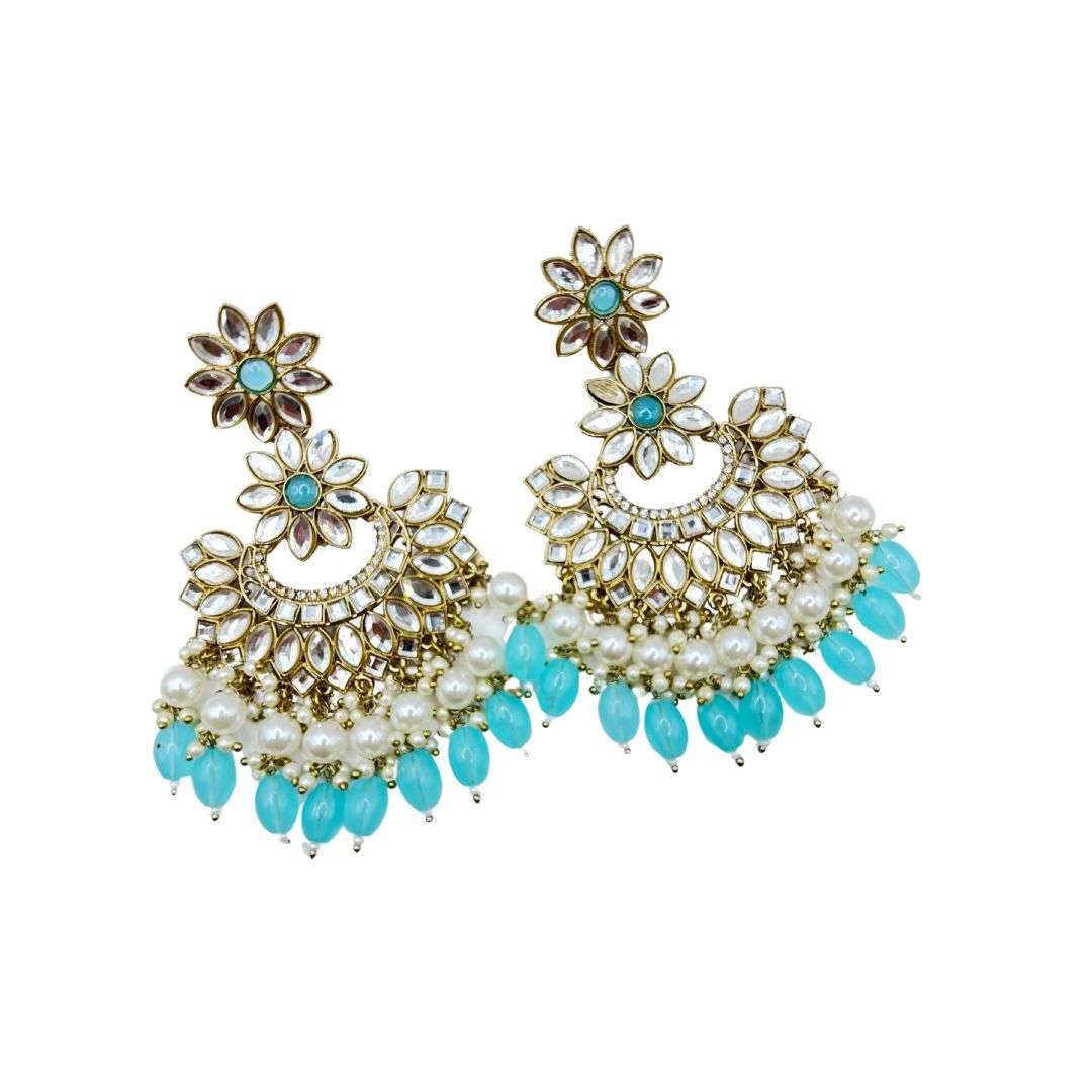(SOLD) BEAUTIFUL LIGH BLUE COLOR KUNDAN STONE AND PEARL WORK EARINNGS