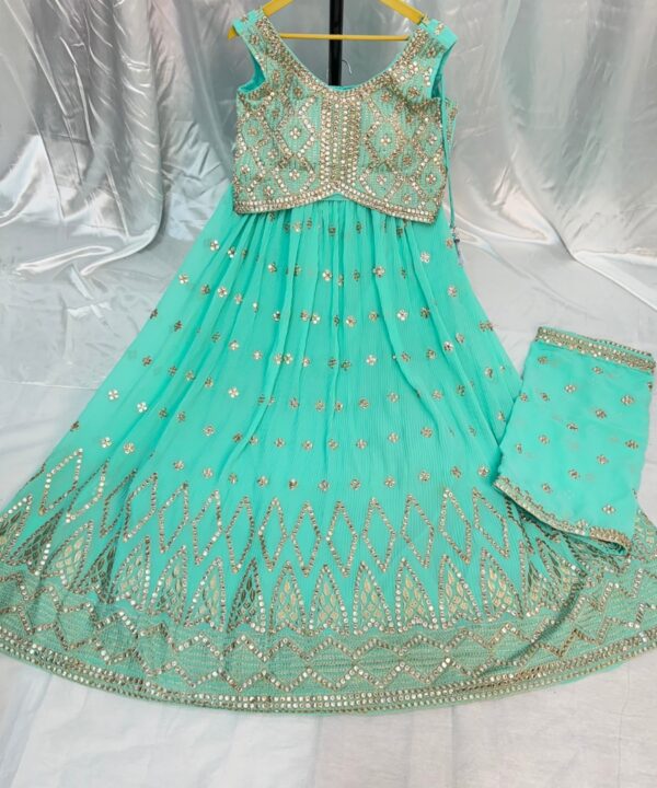 SEAFOAM COLOR BEAUTIFUL GEORGETTE BASE CROP TOP WITH EMBROIDERY AND STONE WORK DESIGNSER BLOUSE COMES WITH MATCHING DUPATTA  EMBROIDERY WORK FOUR SIDE LACE WORK