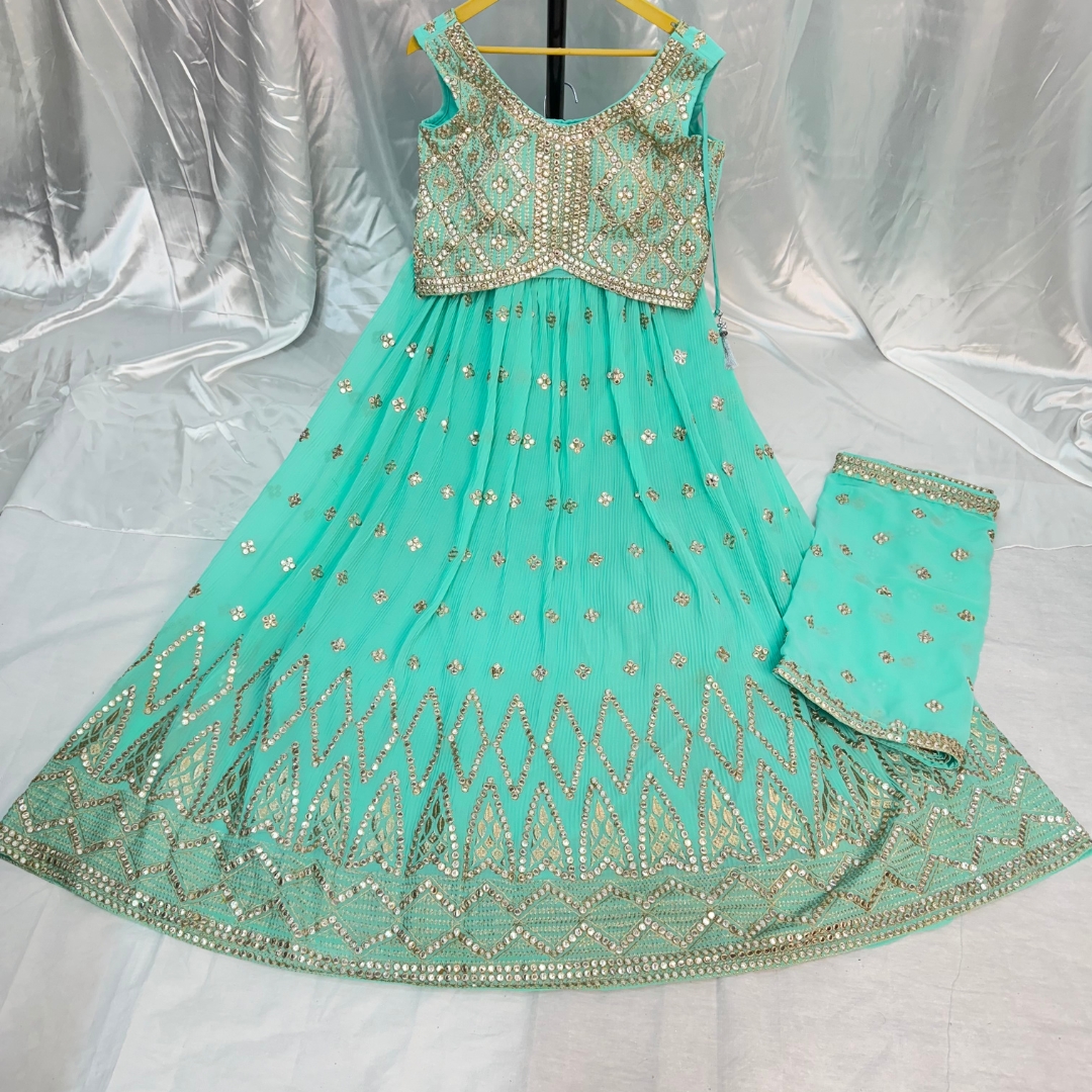 SEAFOAM COLOR BEAUTIFUL GEORGETTE BASE CROP TOP WITH EMBROIDERY AND STONE WORK DESIGNSER BLOUSE COMES WITH MATCHING DUPATTA  EMBROIDERY WORK FOUR SIDE LACE WORK
