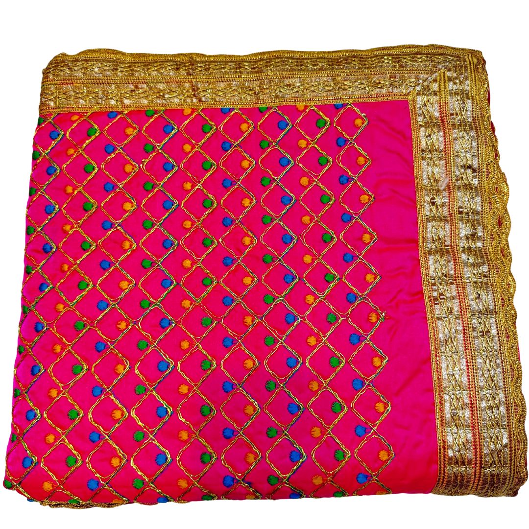 (SOLD) HEAVY EMBROIDERY MULTI COLOR FLOWER WORK DARK PINK  COLOR SILK BASED WITH FOUR SIDE LACE WORK RUMALA SAHIB WITH DOUBLE SET WITH PALKAN