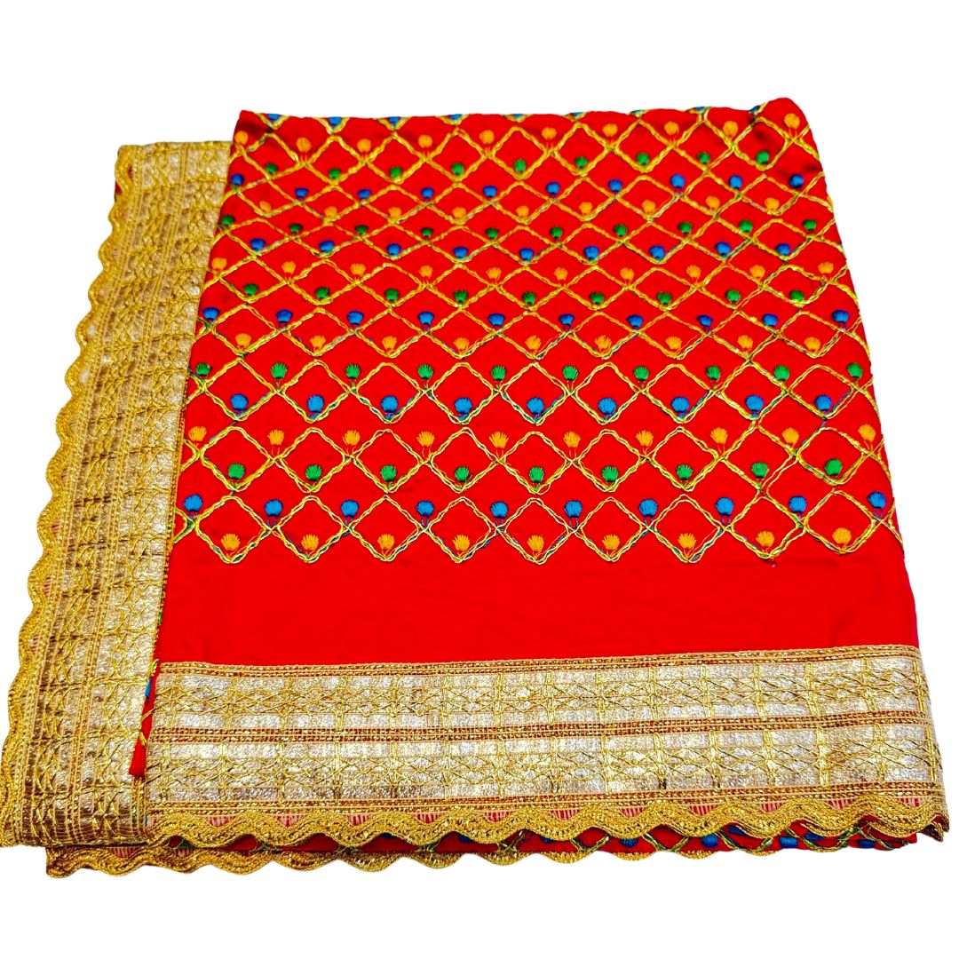 HEAVY EMBROIDERY WITH FLOWER WORK RED COLOR SILK BASED WITH FOUR SIDE LACE WORK RUMALA SAHIB WITH DOUBLE SET WITH PALKAN